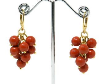 Pendientes de coral rojo sardo en racimo – Plata 925 y oro – 5 cm de largo – Hechos a mano, sin níquel, idea de regalo