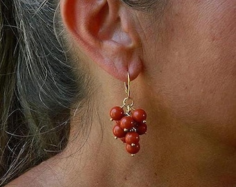Red Coral Cluster Earrings – 925 Sterling Silver Gold Plated Hooks – Dangle Earrings – Handmade in Italy, Nickel‑Free Gift for Her