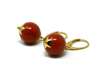 Golden Leverback Earrings with Balls of Sardinia Red Coral Paste and Small Flower Cups