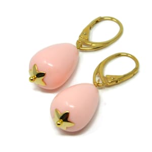 Earrings with Short Drops of Pink Coral Paste and Small Golden Flowers, Yellow Gold Plated Silver Clasp