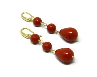 Dangle Earrings with Balls and Short Drop of Sardinia Red Coral Paste