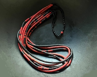 Red & Black Vulcanite Heishi Bead Necklace, Long Multi Strand Statement Jewelry