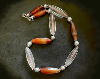 Antique Carnelian Bead Necklace: Bohemian Glass & Indian Silver