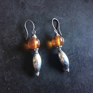 Amber drop earrings, simple drops of antique amber and sterling Bali silver