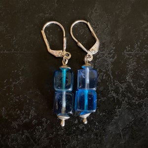 Blue glass cube and sterling earrings