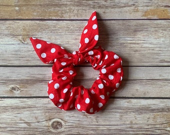 Red and White Polka-dot Minnie Mouse Scrunchie with Bow/ Minnie Mouse Scrunchie/ Disney Scrunchie with Bow