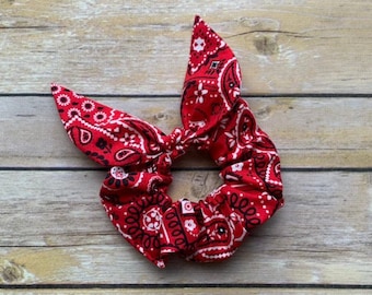 Red Paisley Scrunchie with Bow/ Red Bandanna Scrunchie
