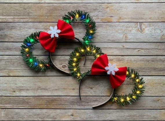 Christmas Disney Ears With Bow/ Wreath Ears/ Holiday Minnie Ears/ Christmas Tree Ears/ Mouse Ears