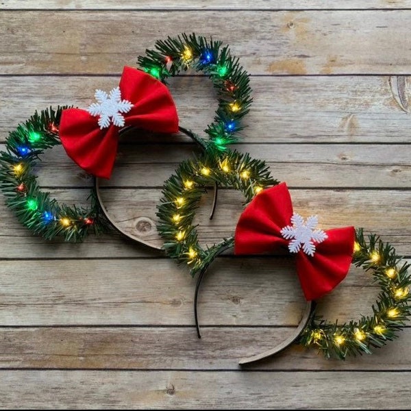 Christmas Disney Ears With Bow/ Wreath Ears/ Holiday Minnie Ears/ Christmas Tree Ears/ Mouse Ears