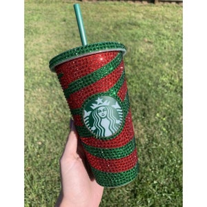 Red and Green Rhinestone  Starbucks 24 oz Reusable Cold Cup, Green Rhinestone Lid, Christmas Cup, Starbucks Christmas Cup, Vinyl Cup