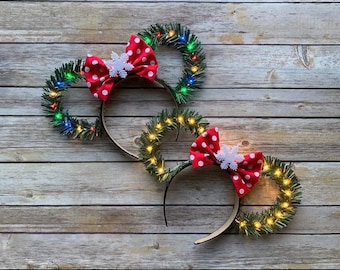 Christmas Disney Ears With Red with White Polkadots Bow / Wreath Ears/ Holiday Minnie Ears