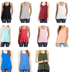 May include: A set of 10 tank tops in various colors, including black, gray, red, white, light blue, pink, orange, blue, and green. The tank tops are all sleeveless and have a scoop neck.