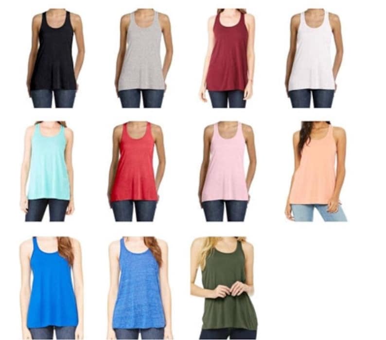 May include: A set of 10 tank tops in various colors, including black, gray, red, white, light blue, pink, orange, blue, and green. The tank tops are all sleeveless and have a scoop neck.