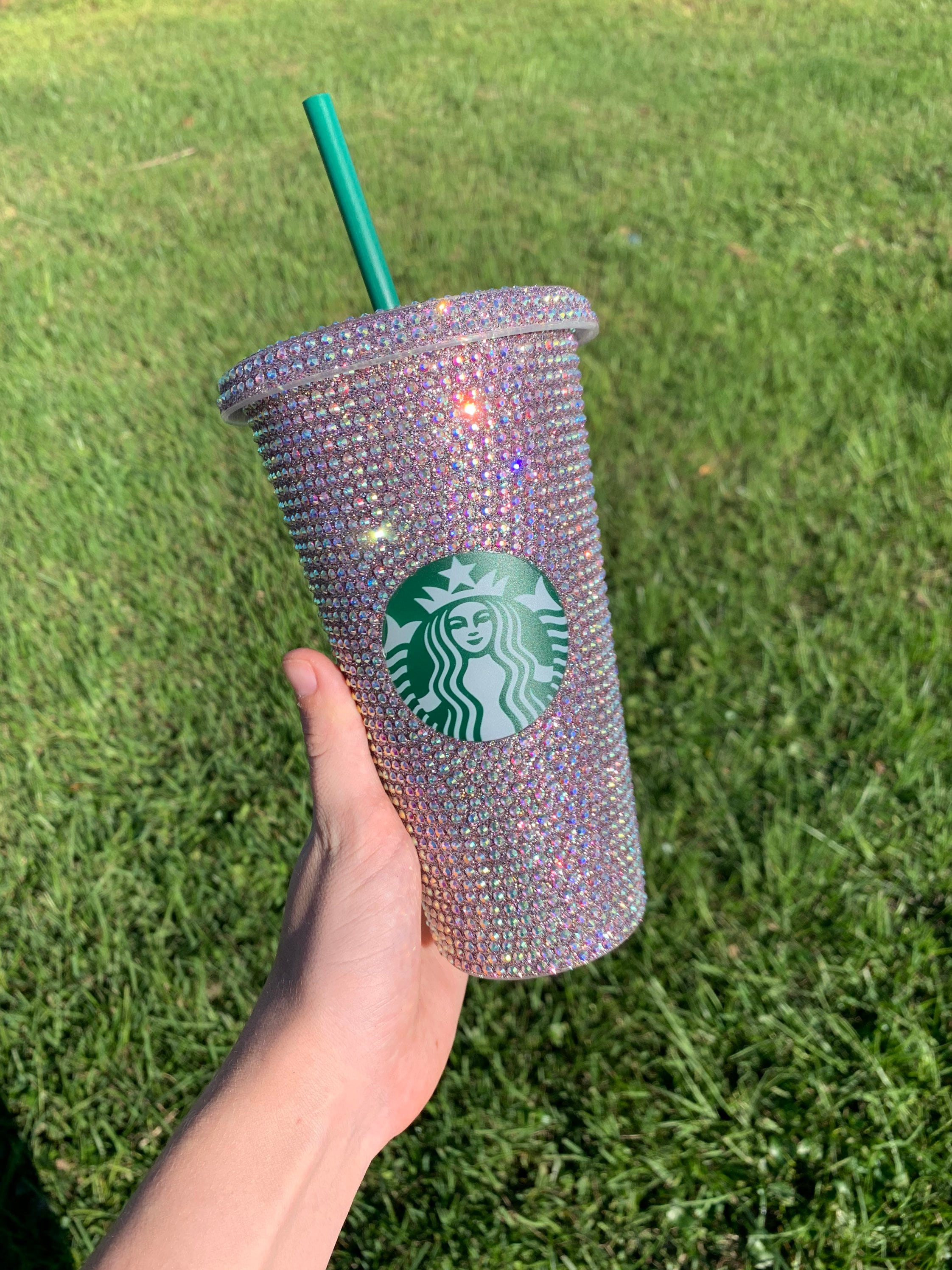 Pink and Green Rhinestone Starbucks Cold Cup Tumbler 