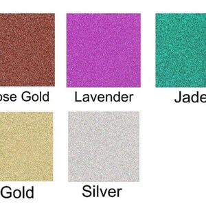 May include: Six glitter samples in square containers. The colors are rose gold, lavender, jade, gold, silver.