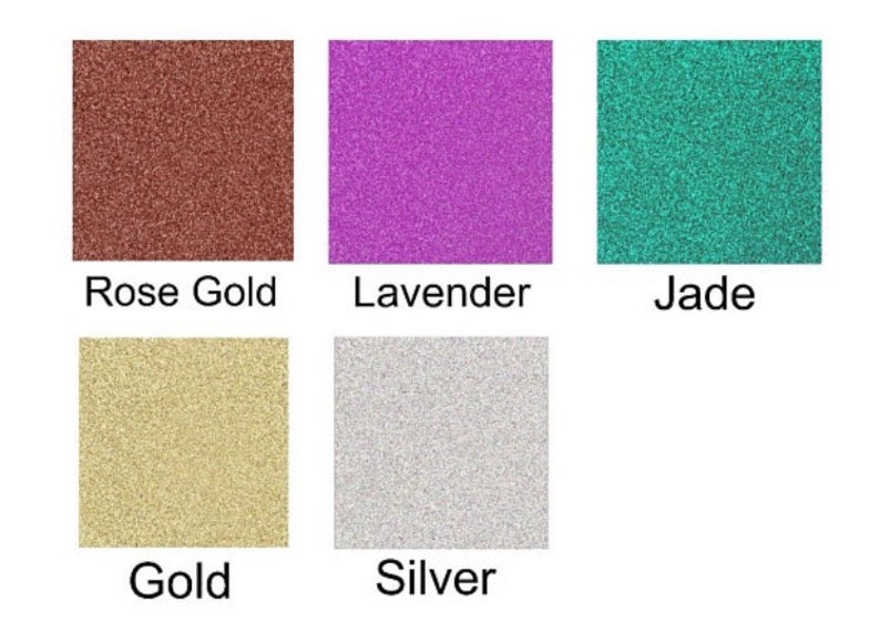 May include: Six glitter samples in square containers. The colors are rose gold, lavender, jade, gold, silver.