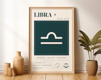 Puede incluir: Un póster enmarcado con fondo azul verdoso y un símbolo del zodíaco Libra blanco. El póster tiene el texto "LIBRA +" y "Sep 23 - Oct 22" en la parte superior. El texto "DIPLOMATIC | IDEALISTIC | FAIR-MINDED" está en la parte inferior del póster. El póster también incluye el texto "Ruling Planet: Venus", "Element: Air | Quality: Cardinal", y "Symbol Scales".