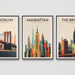 Impresiones de arte de la ciudad de Nueva York, arte de pared, conjunto de 3 impresiones, arte de carteles de la ciudad, decoración de pared imprimible, ilustración de arte digital de descarga instantánea