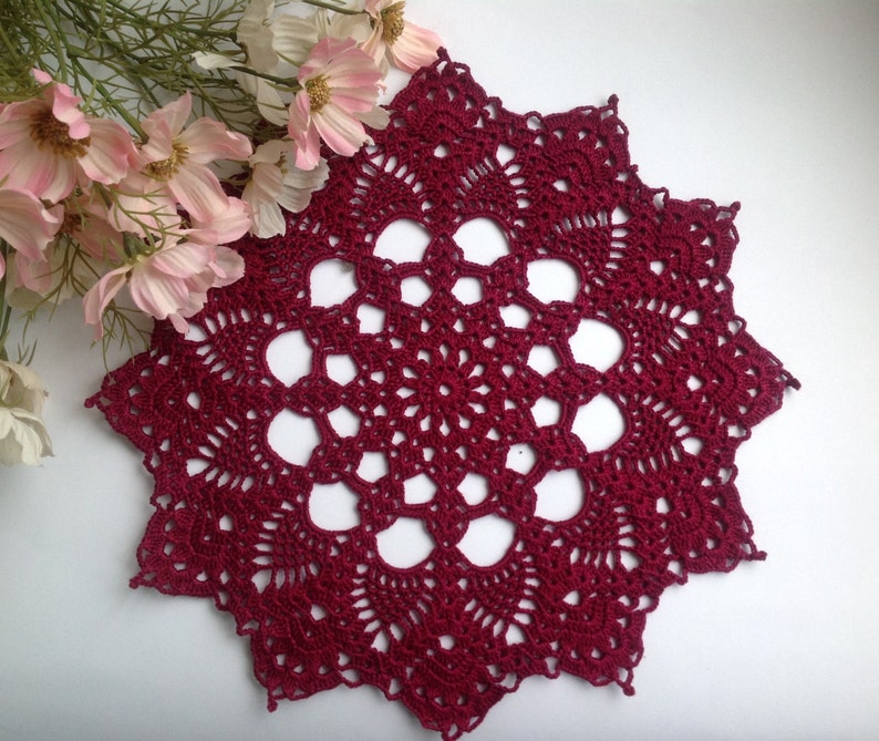 Burgundy Crochet Napkin Crochet Doily Handcrafted Home Decor Lace doily. image 6