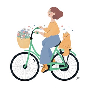 May include: A woman riding a green bicycle with a wicker basket filled with flowers. A cat is sitting on the back rack of the bicycle. The woman is wearing a yellow shirt and blue pants. The bicycle has black wheels and a black seat. The cat is orange and has a flower on its head.