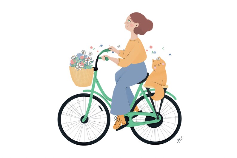 May include: A woman riding a green bicycle with a wicker basket filled with flowers. A cat is sitting on the back rack of the bicycle. The woman is wearing a yellow shirt and blue pants. The bicycle has black wheels and a black seat. The cat is orange and has a flower on its head.