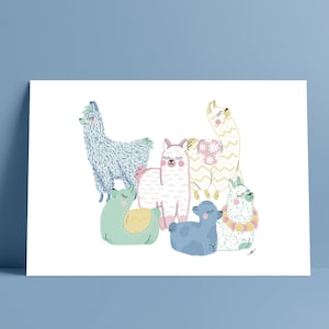 May include: Five cartoon llamas with closed eyes in various colors including blue, green, yellow, pink, and white. The llamas are stacked on top of each other with the blue llama on the bottom and the yellow llama on the top. The llamas are all facing forward and have a simple design with a few details such as eyelashes, noses, and mouths.