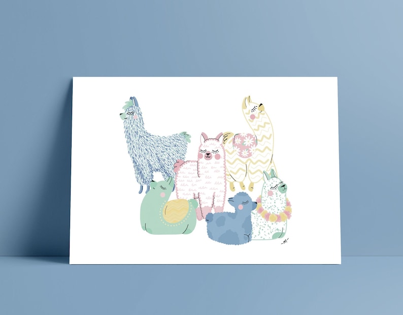 May include: Five cartoon llamas with closed eyes in various colors including blue, green, yellow, pink, and white. The llamas are stacked on top of each other with the blue llama on the bottom and the yellow llama on the top. The llamas are all facing forward and have a simple design with a few details such as eyelashes, noses, and mouths.