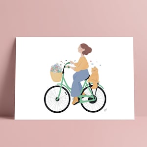 May include: A green bicycle with a basket of flowers on the handlebars. A person is riding the bicycle and a cat is sitting on the back rack. The background is white.