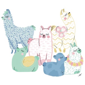 May include: Five cartoon llamas in various poses. The llamas are all different colors, including blue, green, pink, and yellow. They have closed eyes and are smiling. The llamas are surrounded by a white background.