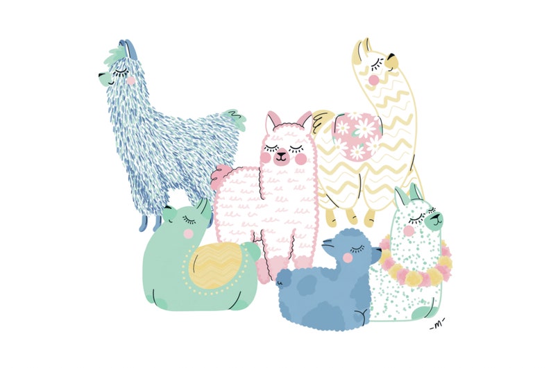 May include: Five cartoon llamas in various poses. The llamas are all different colors, including blue, green, pink, and yellow. They have closed eyes and are smiling. The llamas are surrounded by a white background.