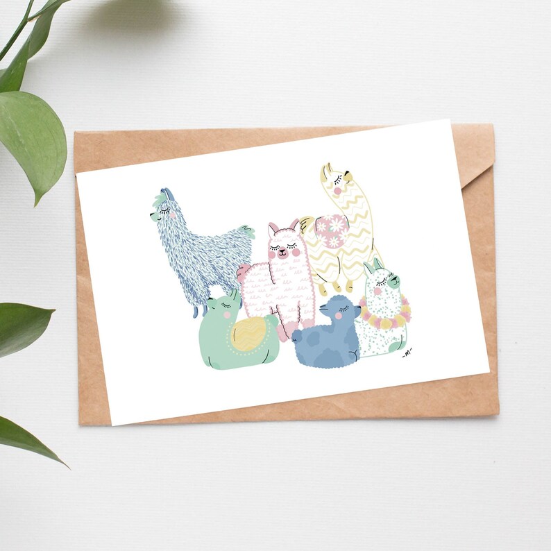 May include: A group of six cartoon llamas in various colors including blue, green, pink, and yellow. The llamas are all facing forward and have closed eyes. The llamas are arranged in a cluster, with the largest llama in the back and the smallest llama in the front. The llamas are all wearing different patterns and designs. The background is white.