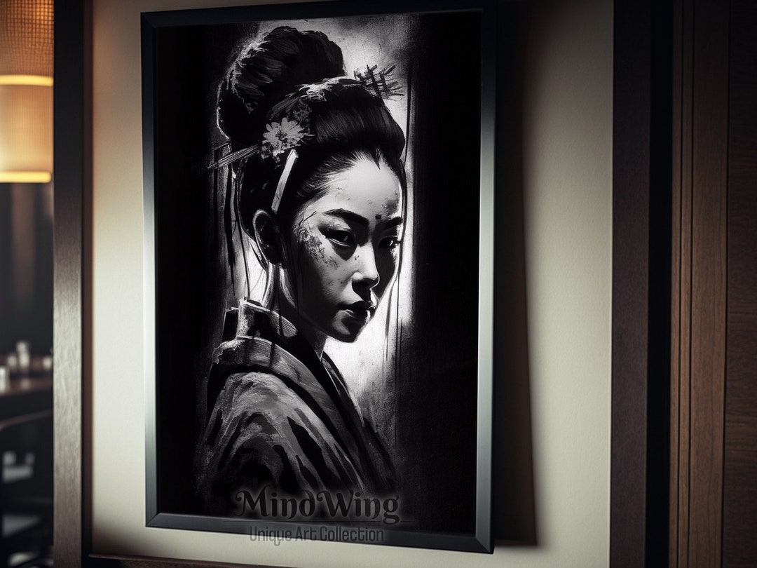 Geisha Sketch Drawing Chalk Art Black and White Japanese Geisha