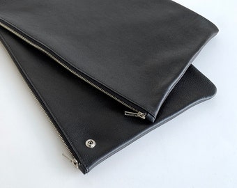 Double Laptop Case Sleeve with Zip, Laptop and Document Case Sleeve Holder, Black Leather iPad Case, Surface Case, Tablet Case, MacBook Case