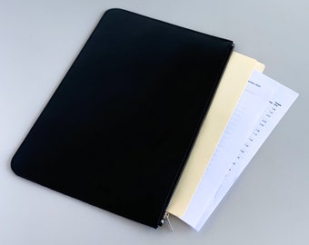 Black Leather Document Sleeve Case, Handmade Folio Sleeve Case, Leather Document Holder with Zip, Document Folder Carrier, Leather Portfolio