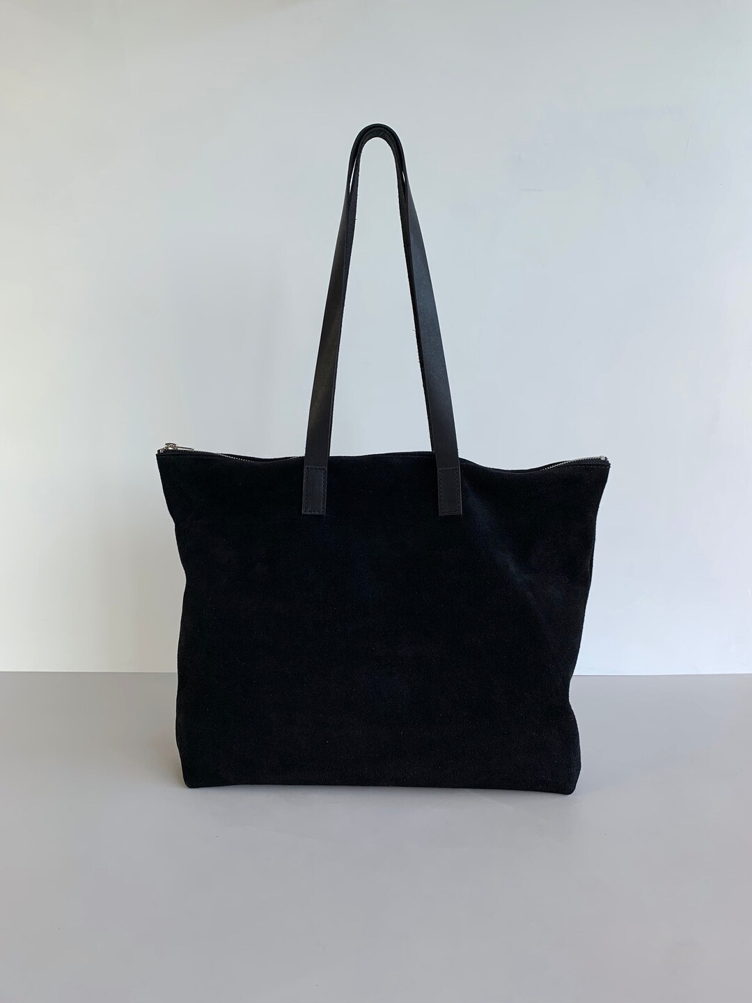 Black Suede Tote Bag, Large Black Suede Bag With Zipper and Pockets