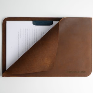 Funda de cuero marrón personalizada para documentos, funda tipo folio hecha a mano, portadocumentos de cuero, portafolios de cuero, monograma