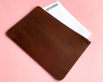 Brown Leather Document Sleeve Case, Handmade Folio Sleeve Case, Leather Document Holder with Zip, Document Folder Carrier, Leather Portfolio