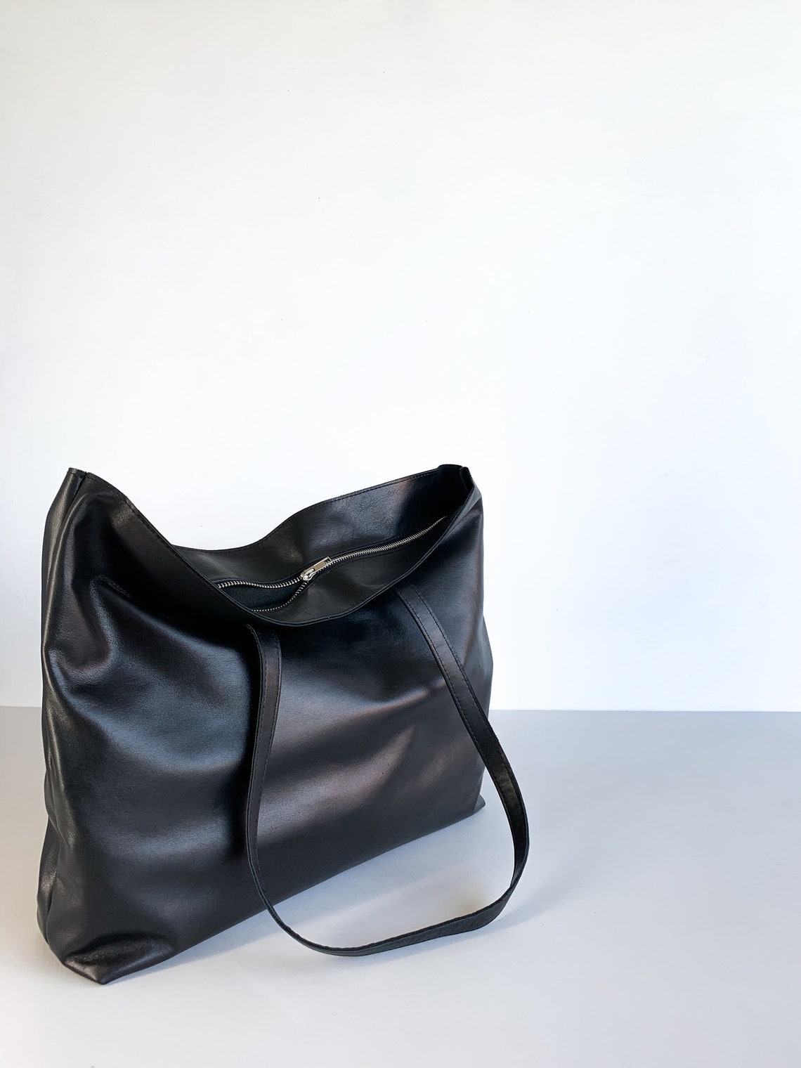 Glossy Black Leather Tote Bag Large Black Leather Bag With Etsy Australia