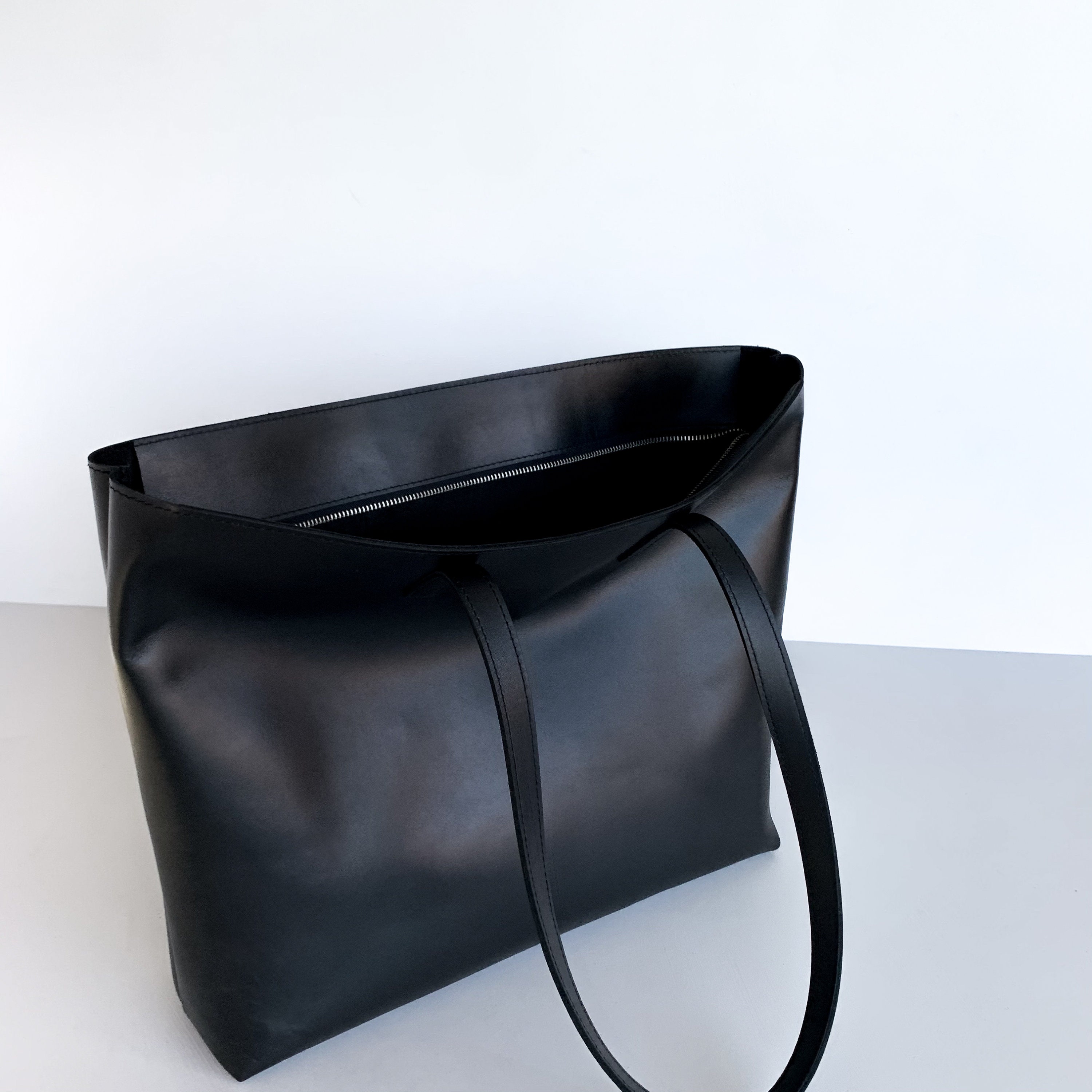 Large Black Leather Tote Bag Black Leather Bag With Zipper - Etsy Australia
