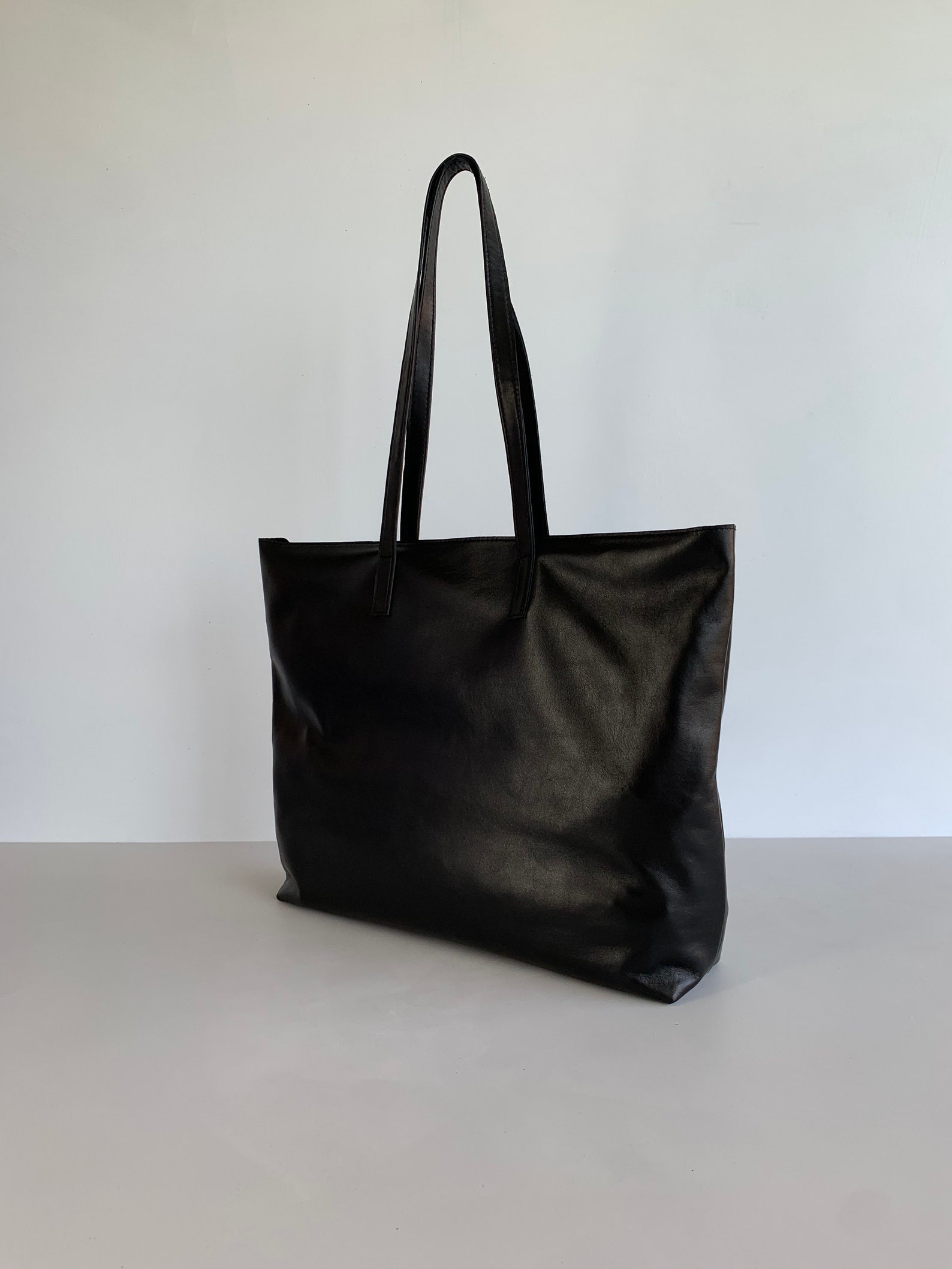 Glossy Black Leather Tote Bag Large Black Leather Bag With Etsy Australia