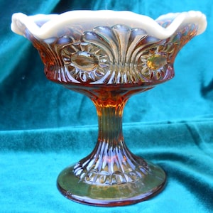 Vintage Imperial Carmel and White Art/Slag Glass Compote