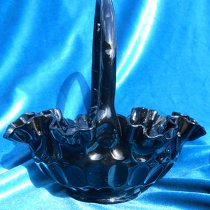 Black Glass Basket- Rare Vintage Fenton, Footed, Double Crimp, Thumbprint Design.