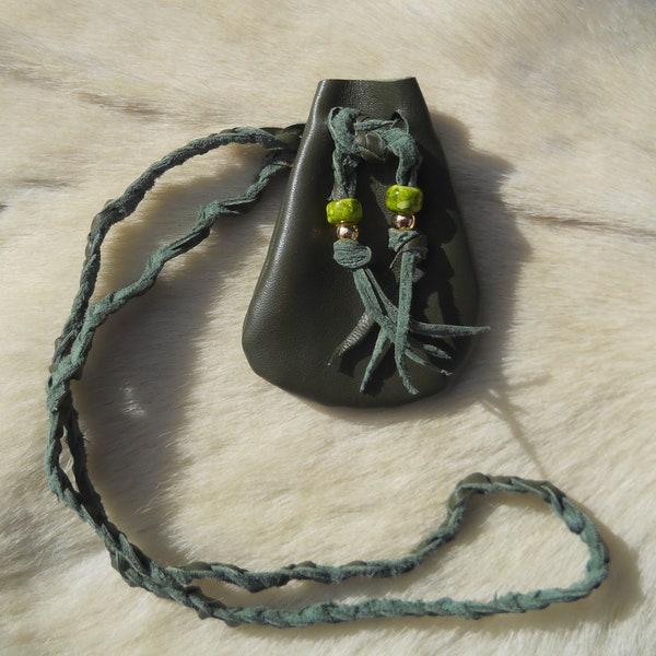 Medicine Bag- Olive Green with Light Green and Gold Beads