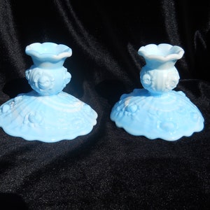 Fenton, Blue Swirled Milk Glass Candle Holders- Cabbage Rose Patterned