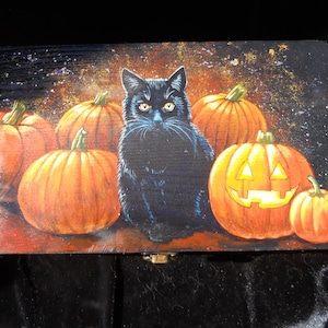 Hand Painted Wooden Box- Black Cat with Pumpkins