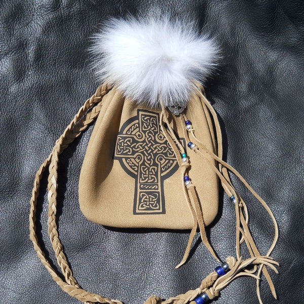 Leather Pouch- Celtic Cross with Blue Fox Fur