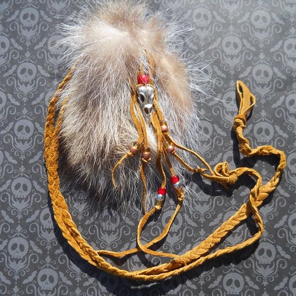 Decorated Medicine Bag- Raccoon Fur with Silver Raven Skull, Red, Copper and Gold beads