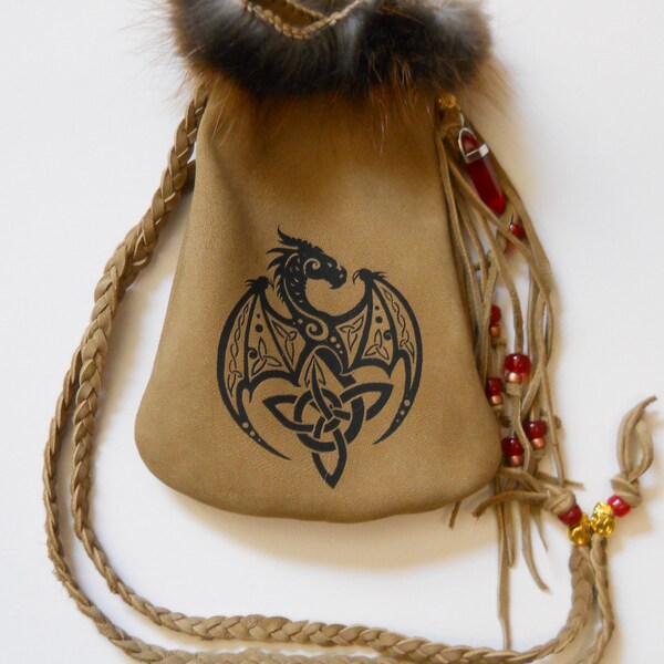 Celtic Knot Pouch- Dragon with Red Beads
