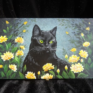 Hand-Painted Wooden Box- Black Cat with Yellow Flowers