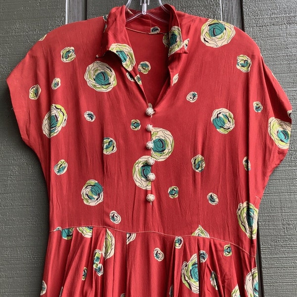 Vintage 1940s Red Rayon Dress with Colorful Flowers